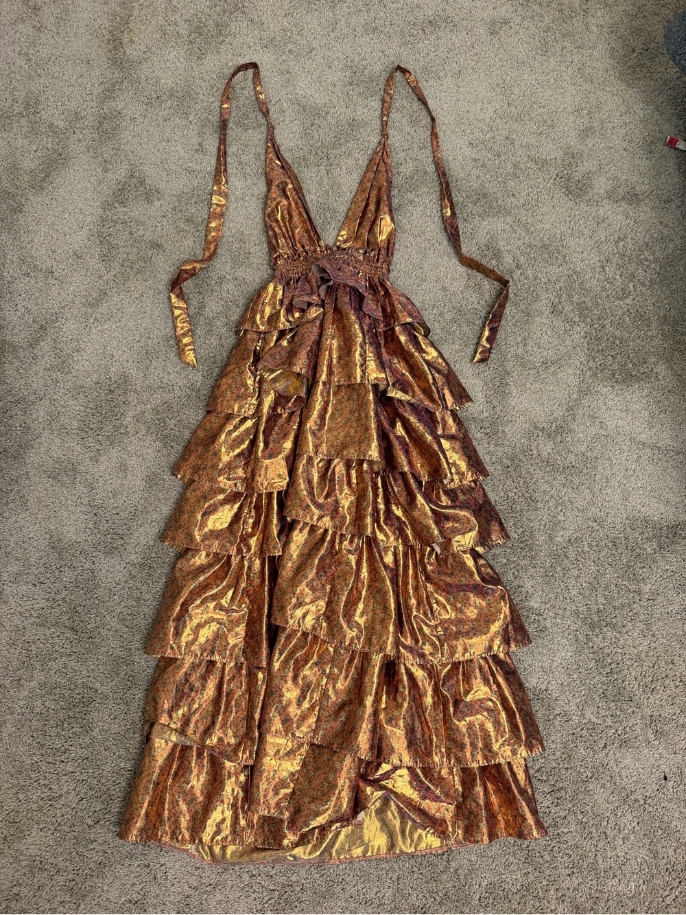 LoveShackFancy Bexlie Metallic Tiered Halter Maxi Dress Gold Bronze Size S